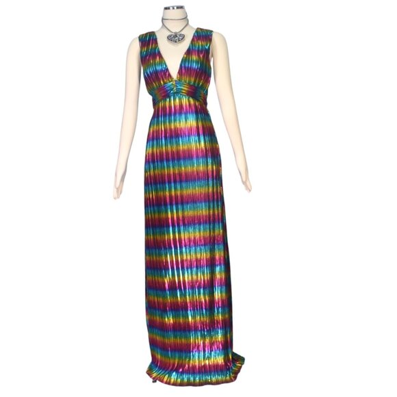 Wow Couture Metallic Rainbow Stripe Maxi Plisee Dress New S - Picture 2 of 8